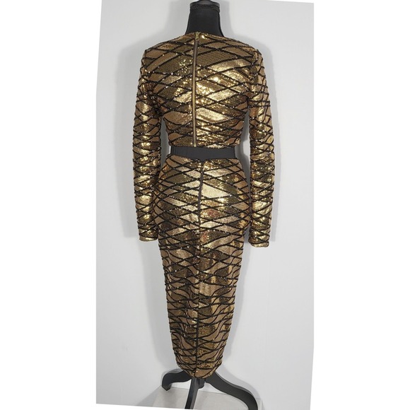 Marciano Gold Sequin Long Sleeve Crop Top & Midi Skirt Set Party Cocktail - Picture 5 of 9